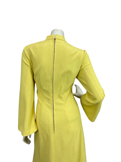 VTG 60S 70S BUTTERCUP YELLOW BOHO HIPPY BELL SLEEVE EMPIRE RUFFLE MAXI DRESS 12