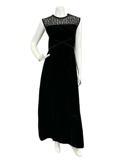 VTG 60S 70S BLACK VELVET LACE INSERT RIBBON MOD GOTHIC MAXI DRESS 10