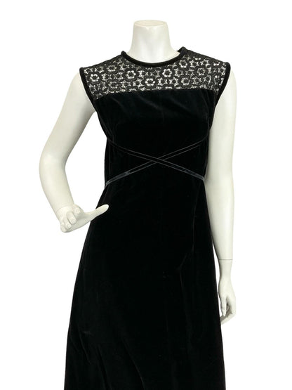 VTG 60S 70S BLACK VELVET LACE INSERT RIBBON MOD GOTHIC MAXI DRESS 10