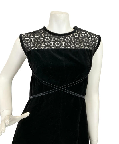 VTG 60S 70S BLACK VELVET LACE INSERT RIBBON MOD GOTHIC MAXI DRESS 10