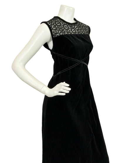 VTG 60S 70S BLACK VELVET LACE INSERT RIBBON MOD GOTHIC MAXI DRESS 10