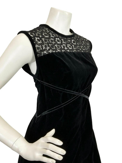 VTG 60S 70S BLACK VELVET LACE INSERT RIBBON MOD GOTHIC MAXI DRESS 10