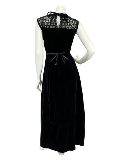 VTG 60S 70S BLACK VELVET LACE INSERT RIBBON MOD GOTHIC MAXI DRESS 10
