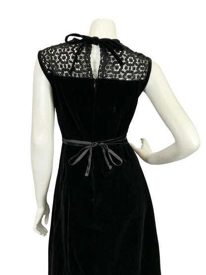 VTG 60S 70S BLACK VELVET LACE INSERT RIBBON MOD GOTHIC MAXI DRESS 10