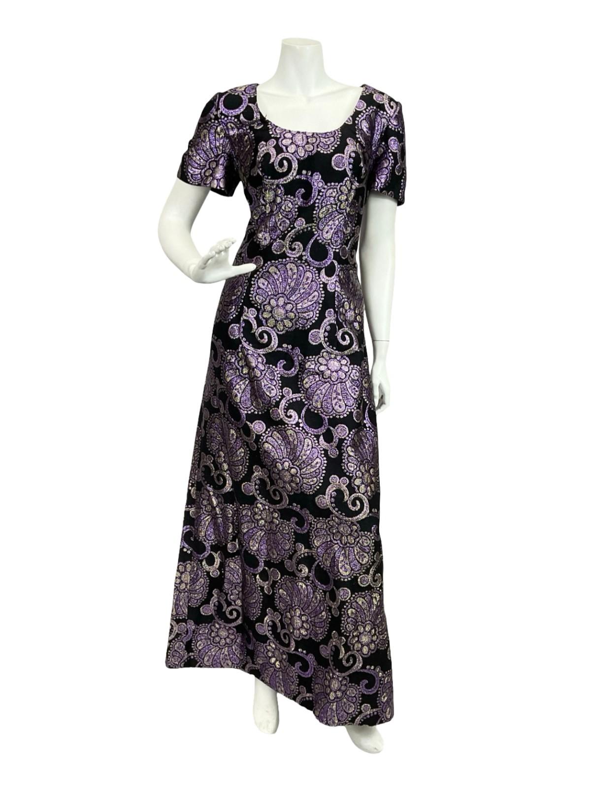 VTG 60S 70S BLACK PURPLE SILVER FLORAL SWIRL LUREX GLITTERY MAXI DRESS 12 14 M