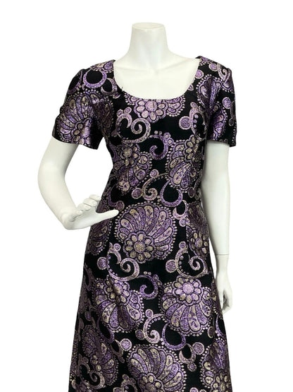 VTG 60S 70S BLACK PURPLE SILVER FLORAL SWIRL LUREX GLITTERY MAXI DRESS 12 14 M