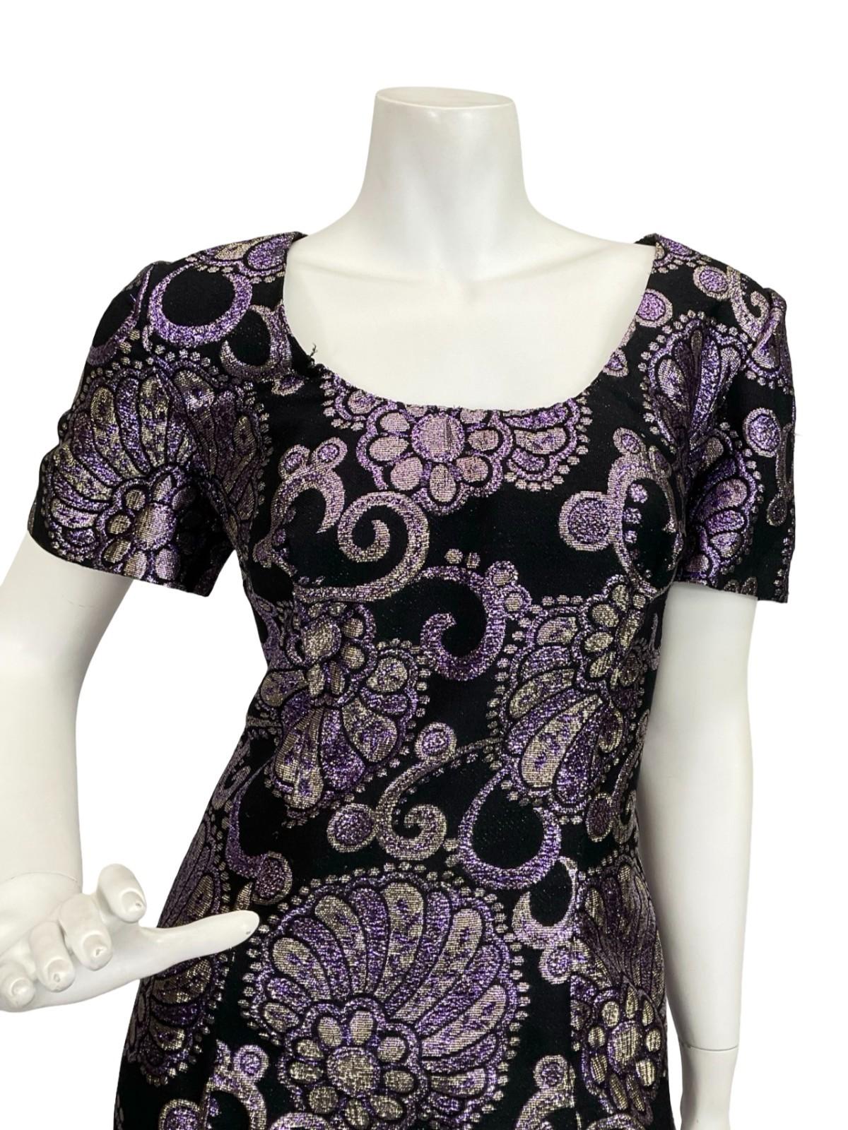 VTG 60S 70S BLACK PURPLE SILVER FLORAL SWIRL LUREX GLITTERY MAXI DRESS 12 14 M