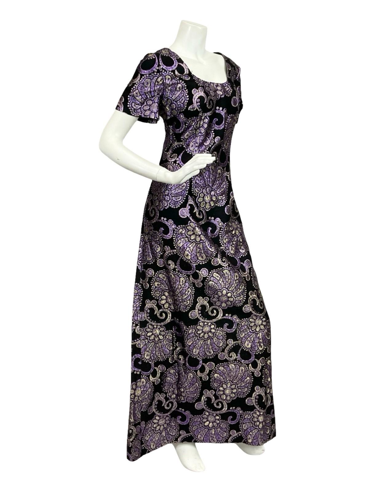 VTG 60S 70S BLACK PURPLE SILVER FLORAL SWIRL LUREX GLITTERY MAXI DRESS 12 14 M