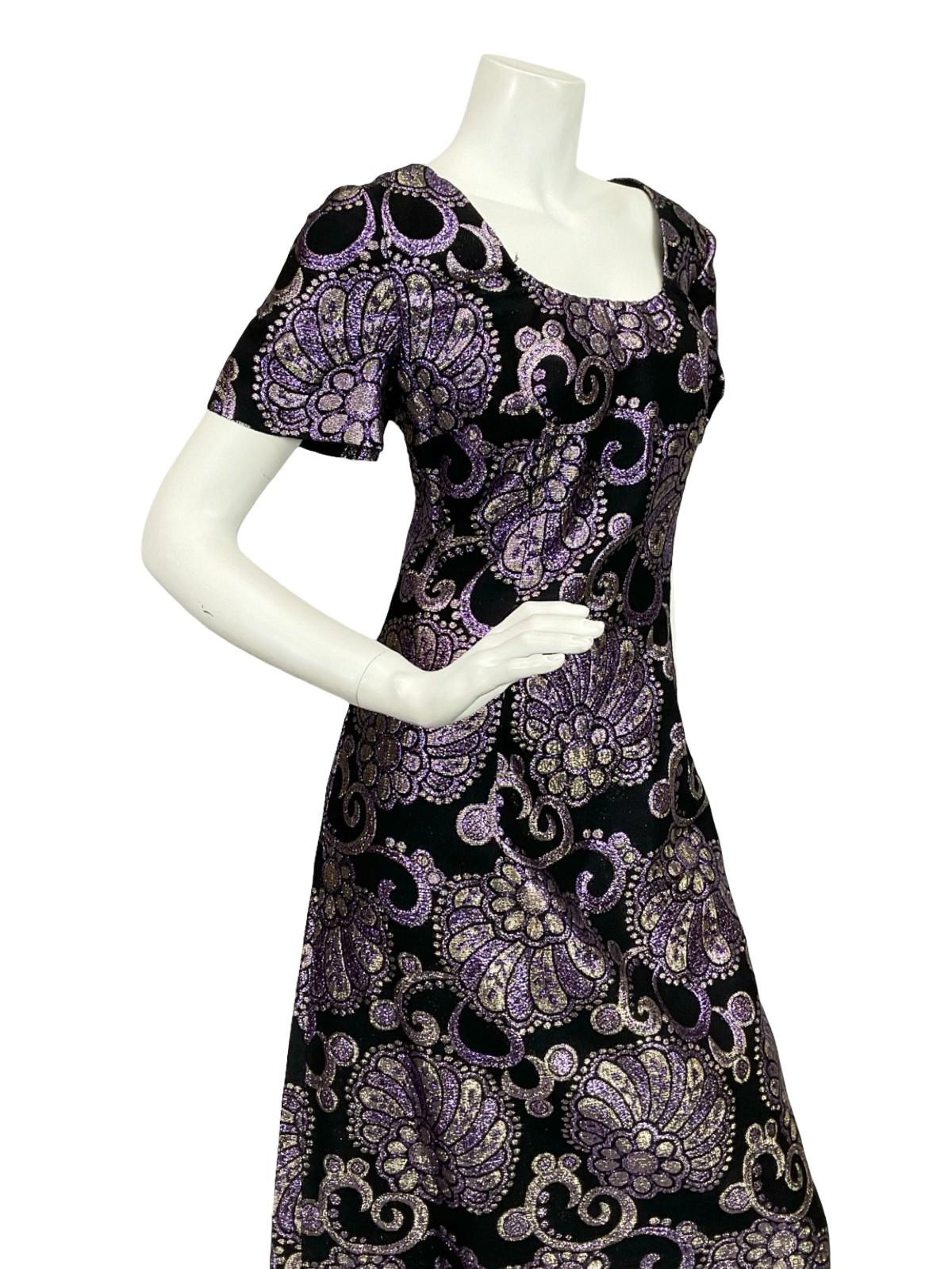 VTG 60S 70S BLACK PURPLE SILVER FLORAL SWIRL LUREX GLITTERY MAXI DRESS 12 14 M