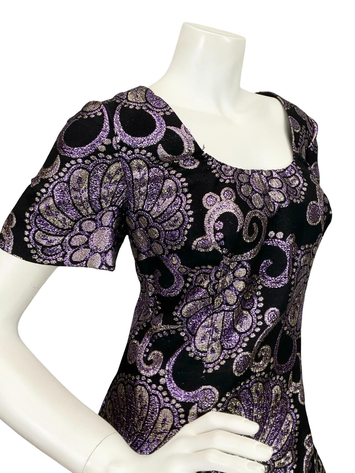 VTG 60S 70S BLACK PURPLE SILVER FLORAL SWIRL LUREX GLITTERY MAXI DRESS 12 14 M