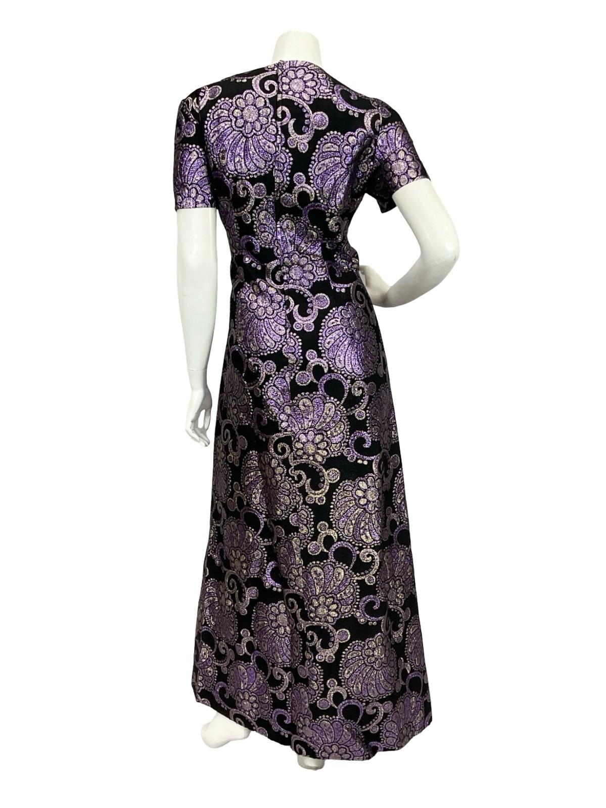 VTG 60S 70S BLACK PURPLE SILVER FLORAL SWIRL LUREX GLITTERY MAXI DRESS 12 14 M