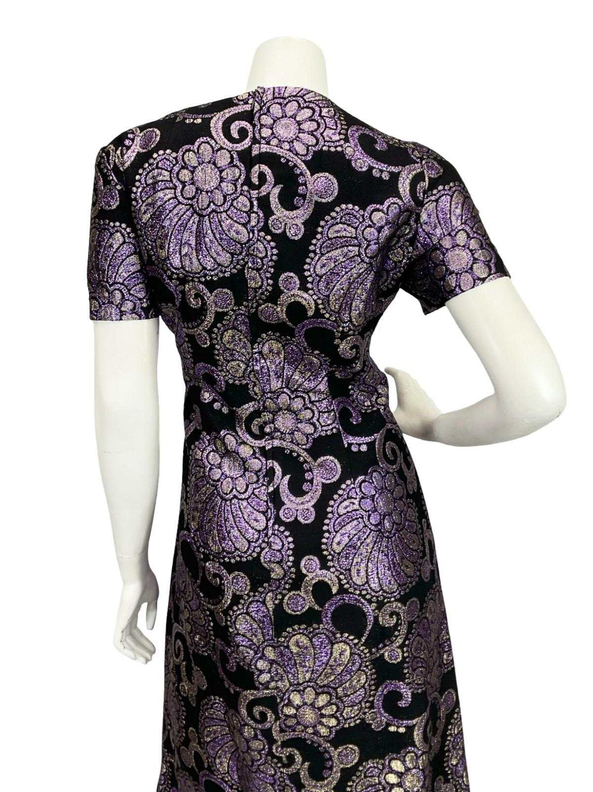 VTG 60S 70S BLACK PURPLE SILVER FLORAL SWIRL LUREX GLITTERY MAXI DRESS 12 14 M