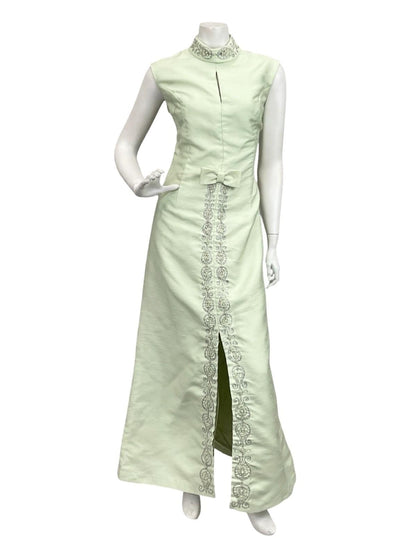 VTG 60S PASTEL GREEN SILVER MOD BOW PAISLEY PEARL BEADED KEYHOLE MAXI DRESS 12