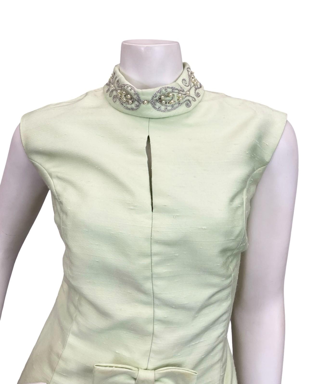 VTG 60S PASTEL GREEN SILVER MOD BOW PAISLEY PEARL BEADED KEYHOLE MAXI DRESS 12