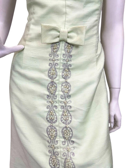 VTG 60S PASTEL GREEN SILVER MOD BOW PAISLEY PEARL BEADED KEYHOLE MAXI DRESS 12