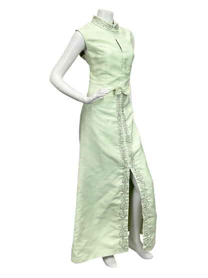 VTG 60S PASTEL GREEN SILVER MOD BOW PAISLEY PEARL BEADED KEYHOLE MAXI DRESS 12