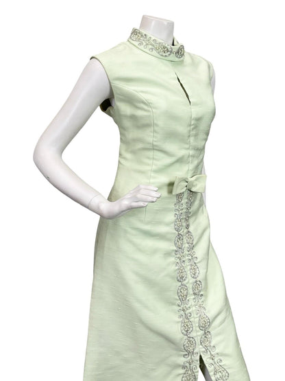 VTG 60S PASTEL GREEN SILVER MOD BOW PAISLEY PEARL BEADED KEYHOLE MAXI DRESS 12
