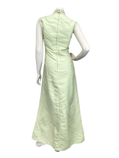 VTG 60S PASTEL GREEN SILVER MOD BOW PAISLEY PEARL BEADED KEYHOLE MAXI DRESS 12