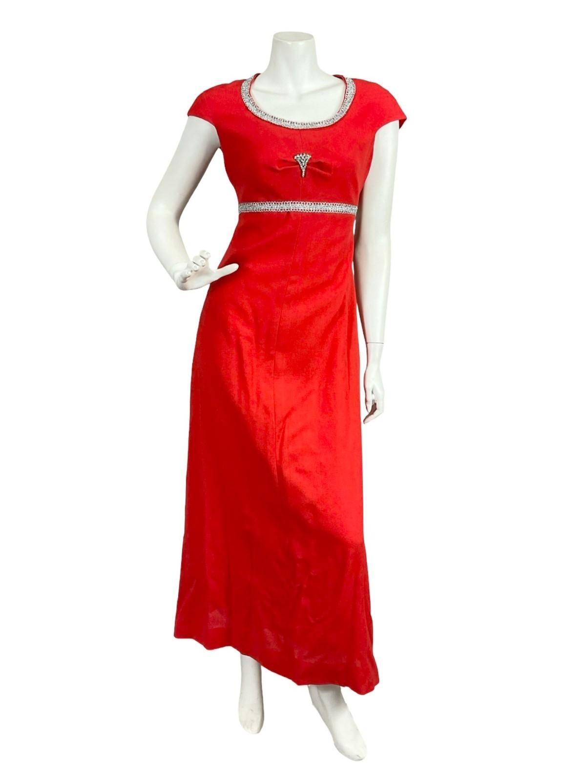 VTG 60S 70S BRIGHT RED SILVER DIAMANTE MOD CAP SLEEVE EMPRIE MAXI DRESS 10