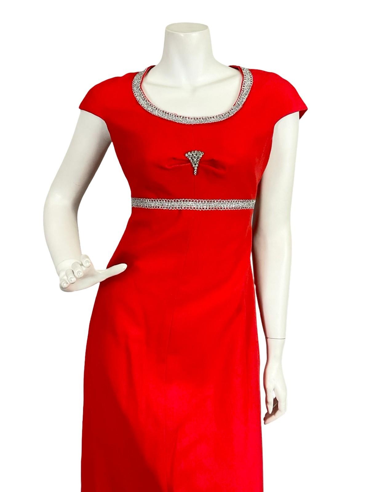 VTG 60S 70S BRIGHT RED SILVER DIAMANTE MOD CAP SLEEVE EMPRIE MAXI DRESS 10
