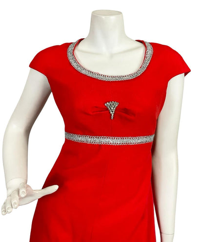 VTG 60S 70S BRIGHT RED SILVER DIAMANTE MOD CAP SLEEVE EMPRIE MAXI DRESS 10