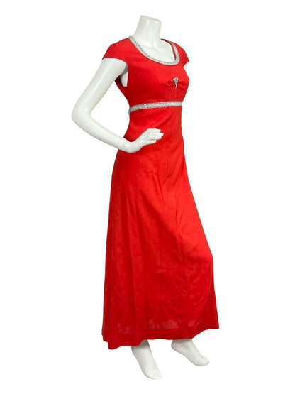 VTG 60S 70S BRIGHT RED SILVER DIAMANTE MOD CAP SLEEVE EMPRIE MAXI DRESS 10