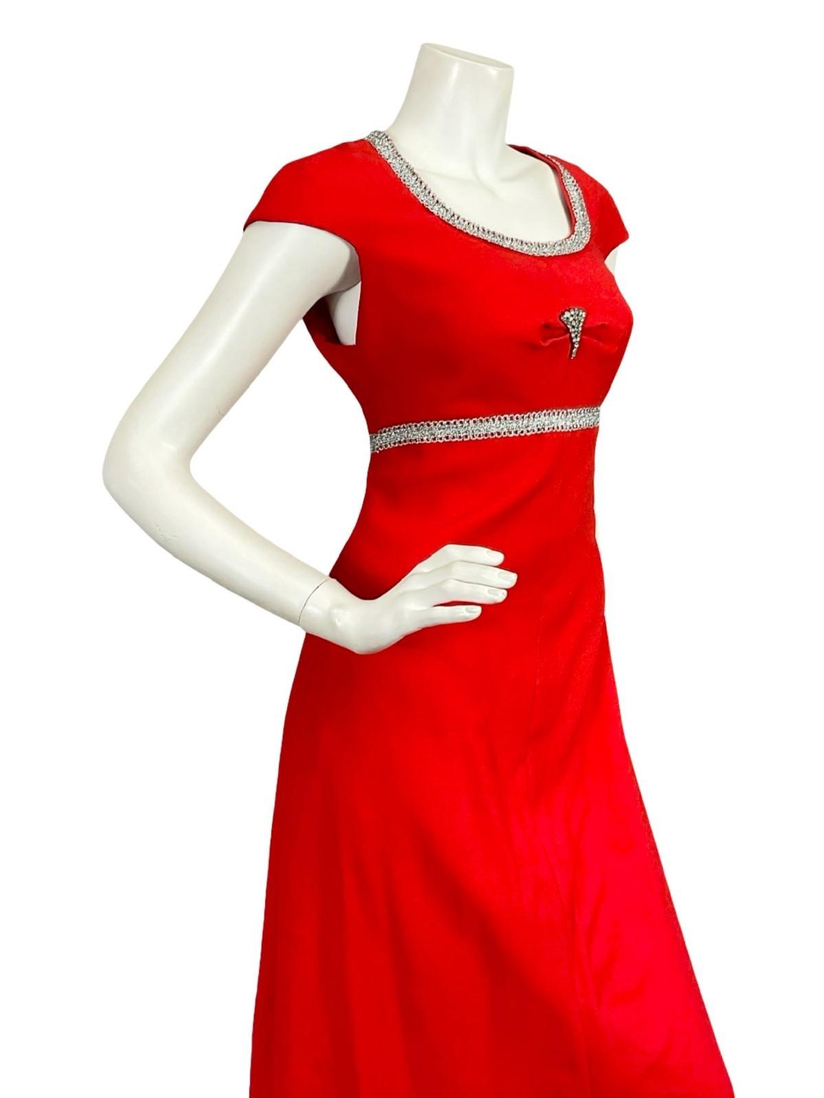 VTG 60S 70S BRIGHT RED SILVER DIAMANTE MOD CAP SLEEVE EMPRIE MAXI DRESS 10