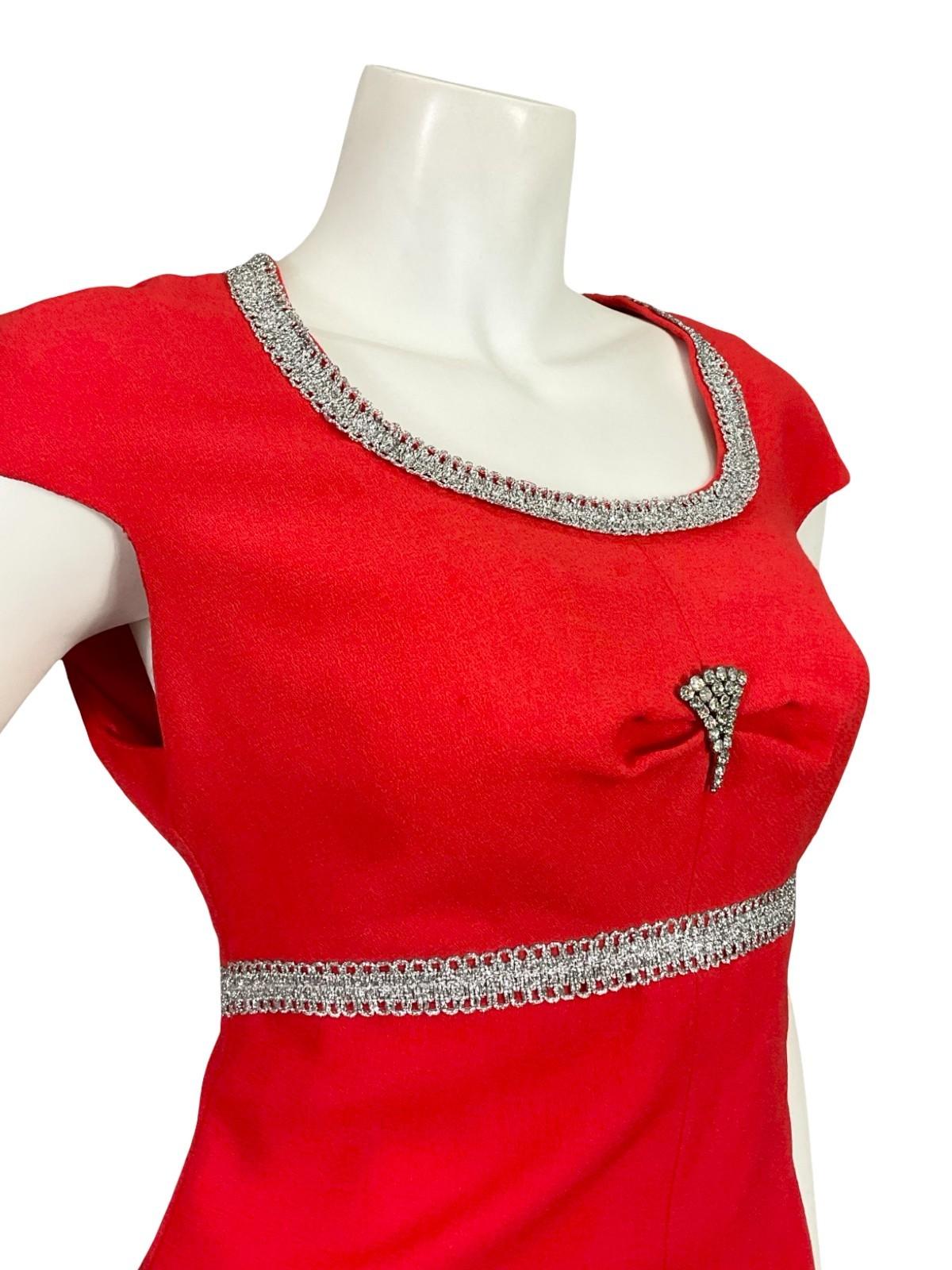 VTG 60S 70S BRIGHT RED SILVER DIAMANTE MOD CAP SLEEVE EMPRIE MAXI DRESS 10