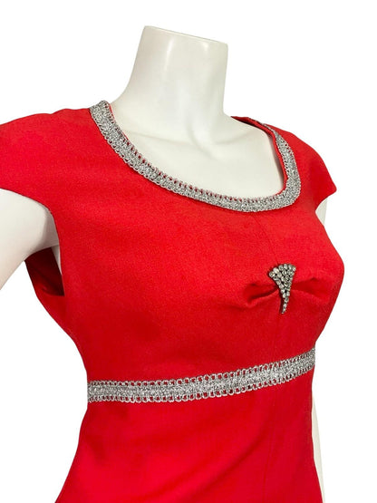 VTG 60S 70S BRIGHT RED SILVER DIAMANTE MOD CAP SLEEVE EMPRIE MAXI DRESS 10