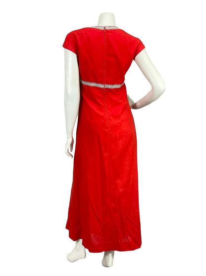 VTG 60S 70S BRIGHT RED SILVER DIAMANTE MOD CAP SLEEVE EMPRIE MAXI DRESS 10