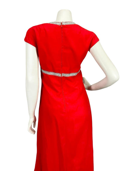 VTG 60S 70S BRIGHT RED SILVER DIAMANTE MOD CAP SLEEVE EMPRIE MAXI DRESS 10