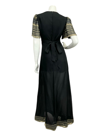 VTG 60S 70S VERA MONT BLACK GOLD STRIPED EMPIRE LUREX GLITTERY MAXI DRESS 10 12