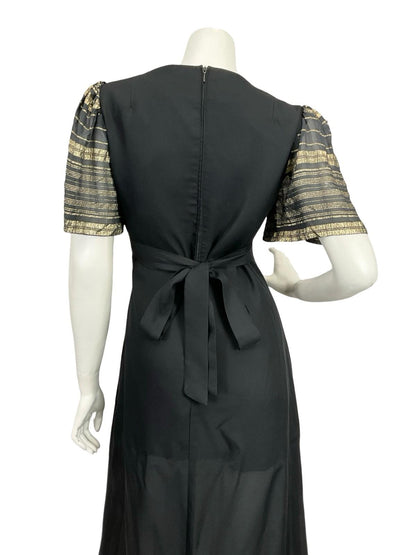 VTG 60S 70S VERA MONT BLACK GOLD STRIPED EMPIRE LUREX GLITTERY MAXI DRESS 10 12