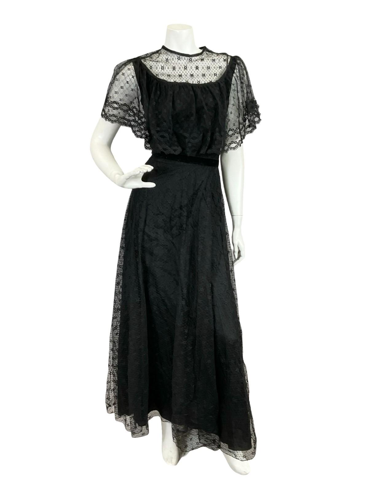 VTG 60S 70S BLACK LACE CAPE VELVET RIBBON MONOCHROME GOTHIC MAXI DRESS 8