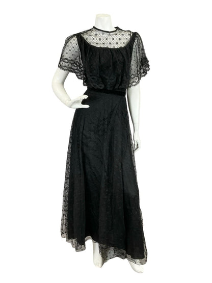VTG 60S 70S BLACK LACE CAPE VELVET RIBBON MONOCHROME GOTHIC MAXI DRESS 8