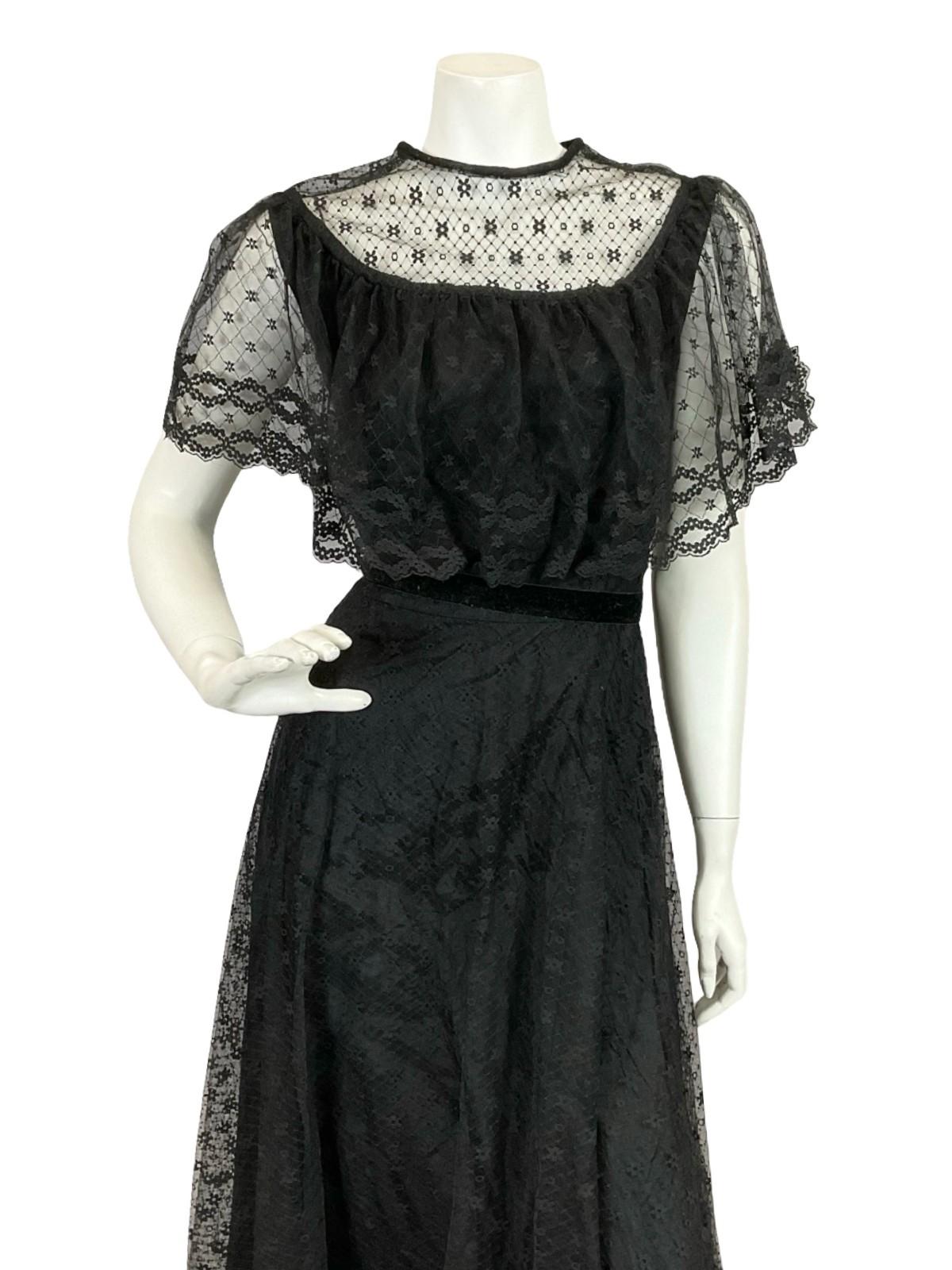 VTG 60S 70S BLACK LACE CAPE VELVET RIBBON MONOCHROME GOTHIC MAXI DRESS 8