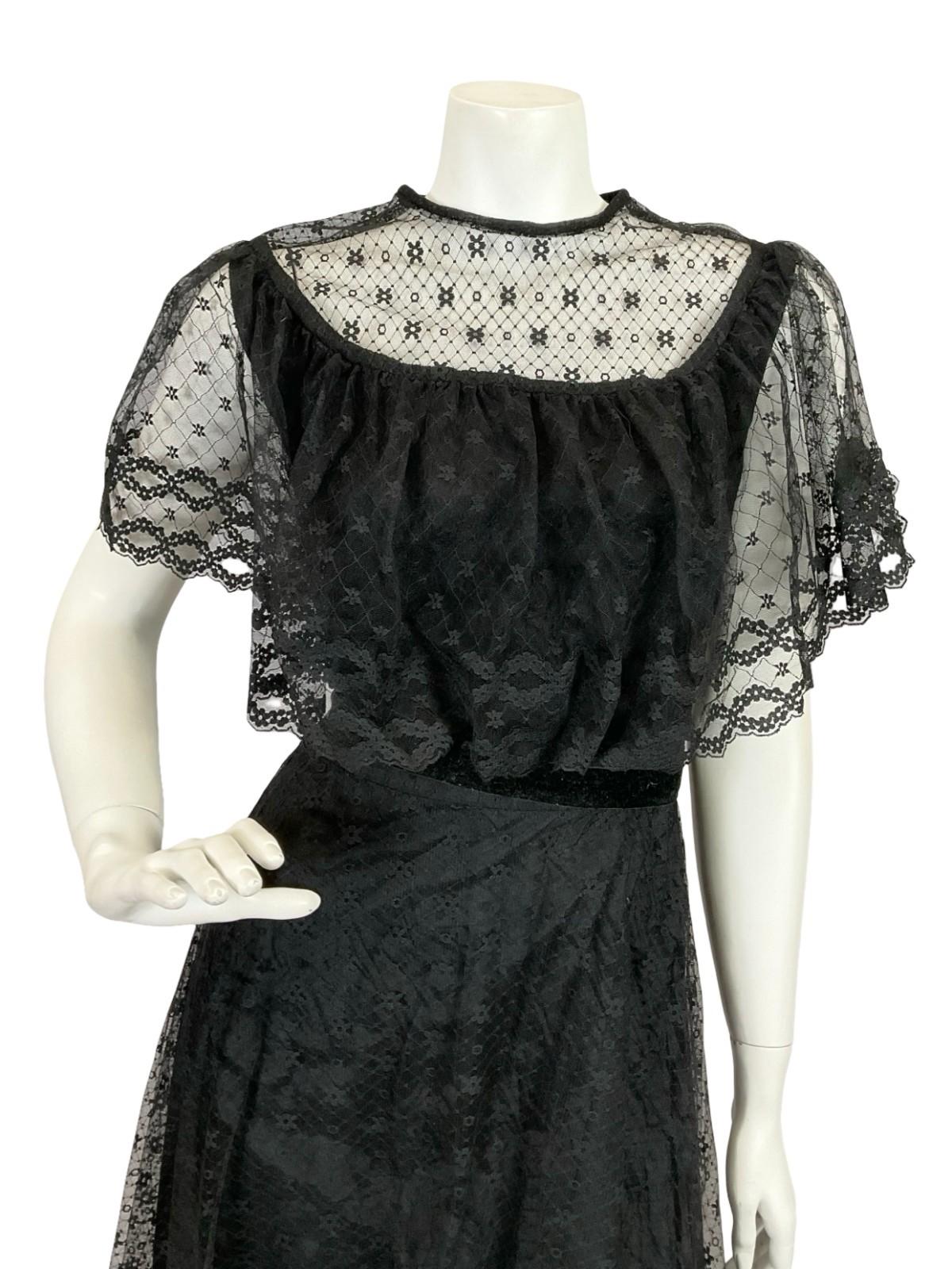 VTG 60S 70S BLACK LACE CAPE VELVET RIBBON MONOCHROME GOTHIC MAXI DRESS 8