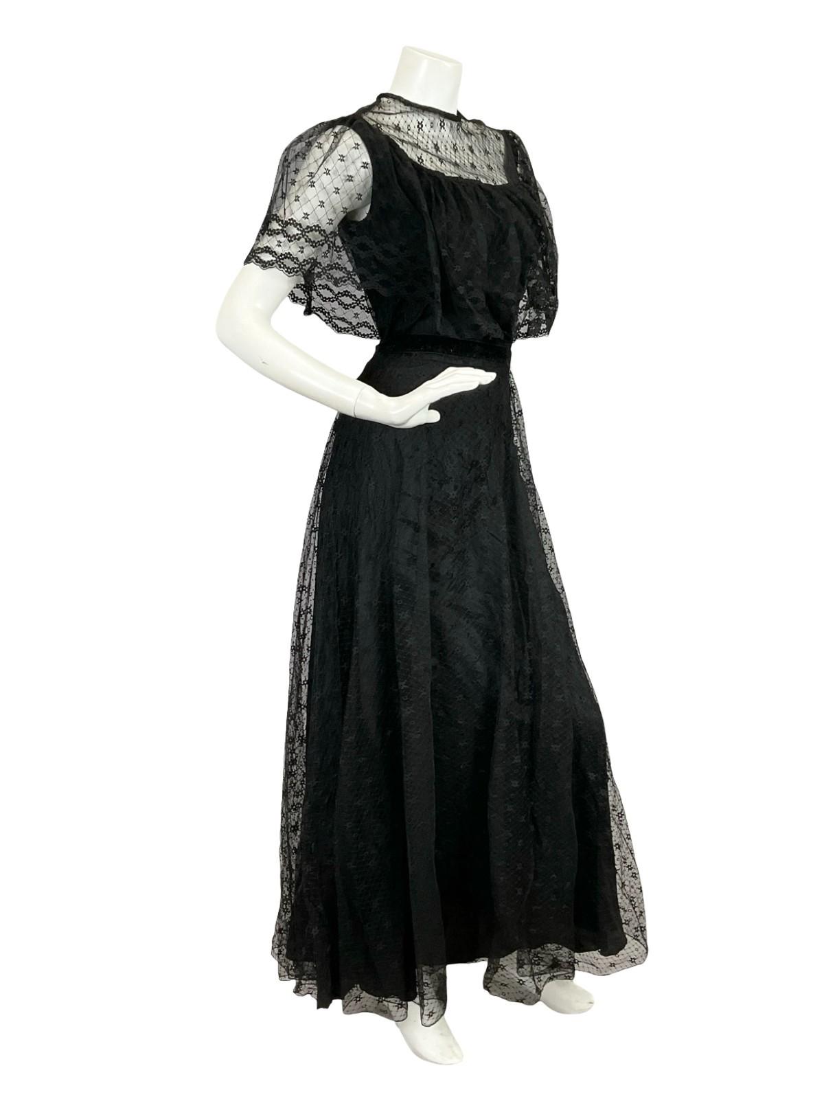 VTG 60S 70S BLACK LACE CAPE VELVET RIBBON MONOCHROME GOTHIC MAXI DRESS 8