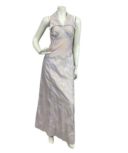 VTG 60S 70S LILAC PURPLE GOLD FLORAL SWIRL GLITTERY LUREX HALTER MAXI DRESS 14