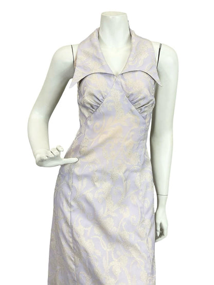 VTG 60S 70S LILAC PURPLE GOLD FLORAL SWIRL GLITTERY LUREX HALTER MAXI DRESS 14