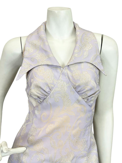 VTG 60S 70S LILAC PURPLE GOLD FLORAL SWIRL GLITTERY LUREX HALTER MAXI DRESS 14