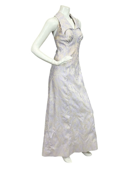 VTG 60S 70S LILAC PURPLE GOLD FLORAL SWIRL GLITTERY LUREX HALTER MAXI DRESS 14