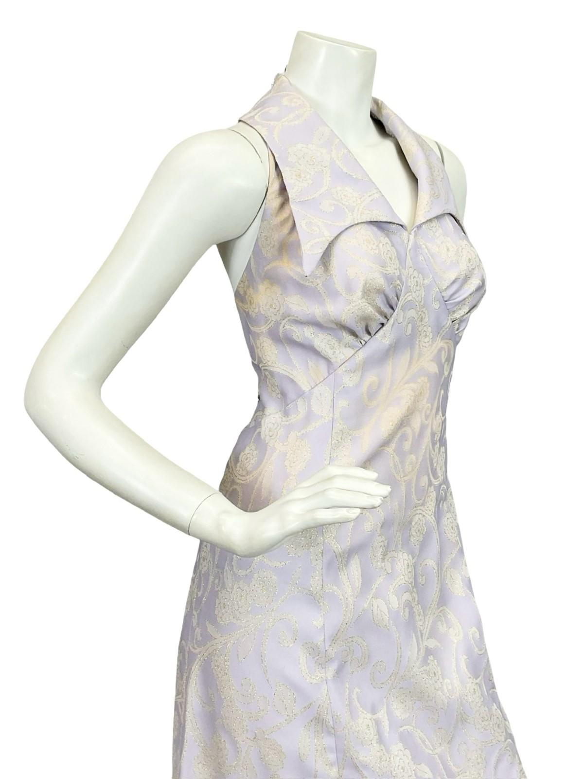 VTG 60S 70S LILAC PURPLE GOLD FLORAL SWIRL GLITTERY LUREX HALTER MAXI DRESS 14