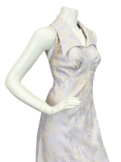 VTG 60S 70S LILAC PURPLE GOLD FLORAL SWIRL GLITTERY LUREX HALTER MAXI DRESS 14