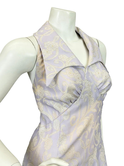 VTG 60S 70S LILAC PURPLE GOLD FLORAL SWIRL GLITTERY LUREX HALTER MAXI DRESS 14