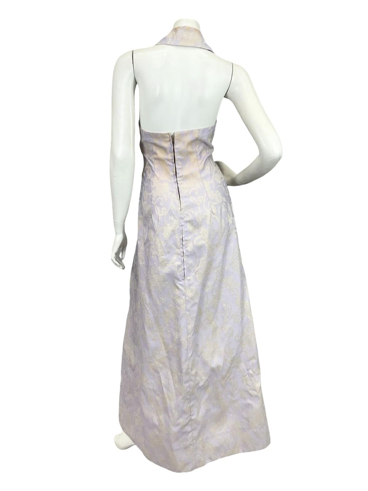 VTG 60S 70S LILAC PURPLE GOLD FLORAL SWIRL GLITTERY LUREX HALTER MAXI DRESS 14