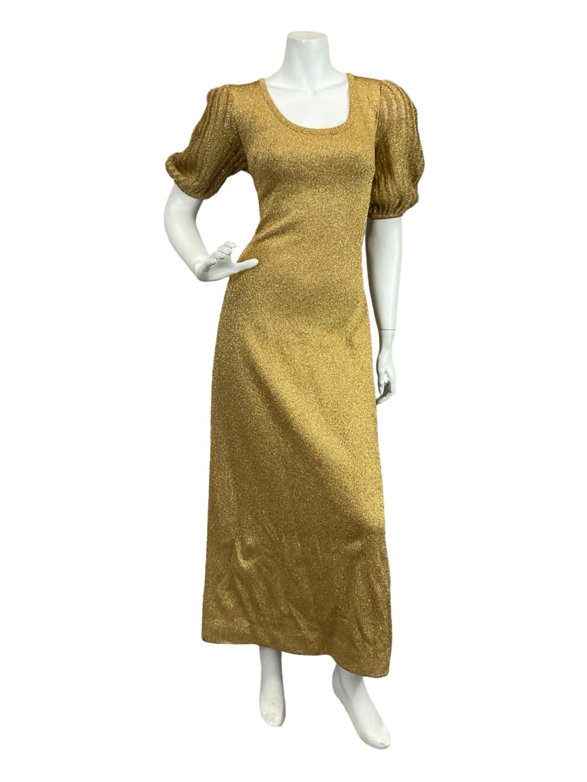 VTG 60S 70S GOLD GLITTERY LUREX PUFF SLEEVE DISCO STUDIO 54 PARTY MAXI DRESS 12