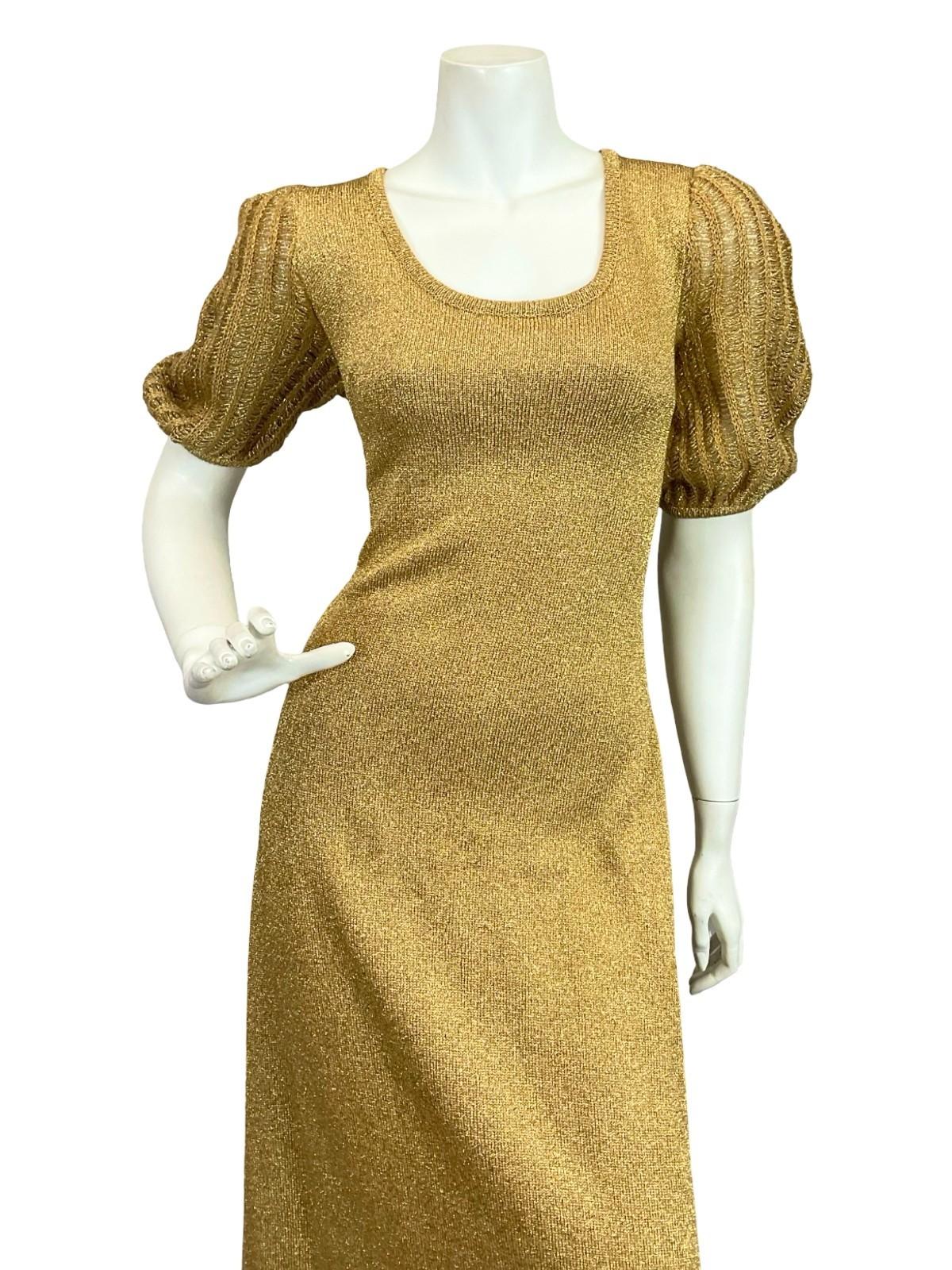 VTG 60S 70S GOLD GLITTERY LUREX PUFF SLEEVE DISCO STUDIO 54 PARTY MAXI DRESS 12