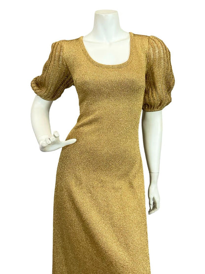 VTG 60S 70S GOLD GLITTERY LUREX PUFF SLEEVE DISCO STUDIO 54 PARTY MAXI DRESS 12