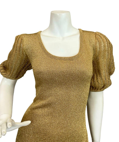 VTG 60S 70S GOLD GLITTERY LUREX PUFF SLEEVE DISCO STUDIO 54 PARTY MAXI DRESS 12